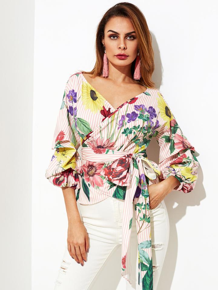 Shein Gathered Sleeve Mixed Print Wrap Top