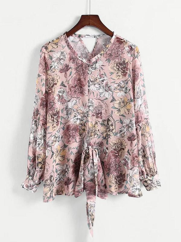 Shein Knot Detail Calico Print Blouse