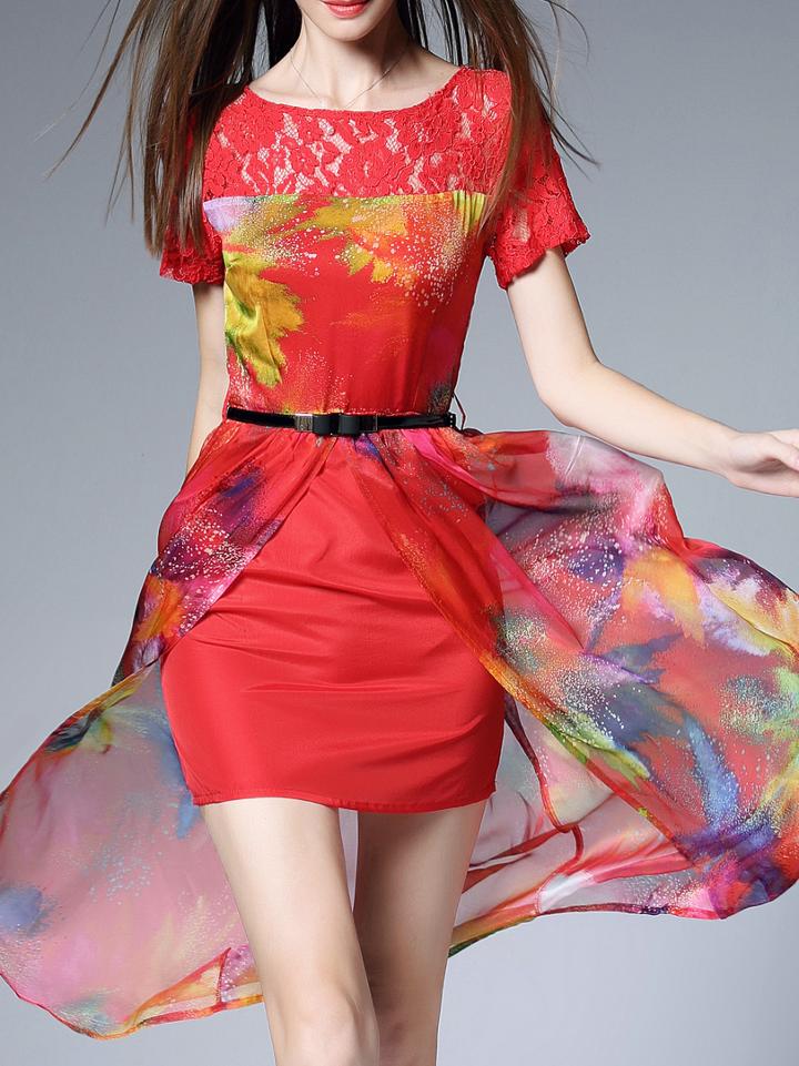 Shein Red Contrast Lace Belted Split Dress