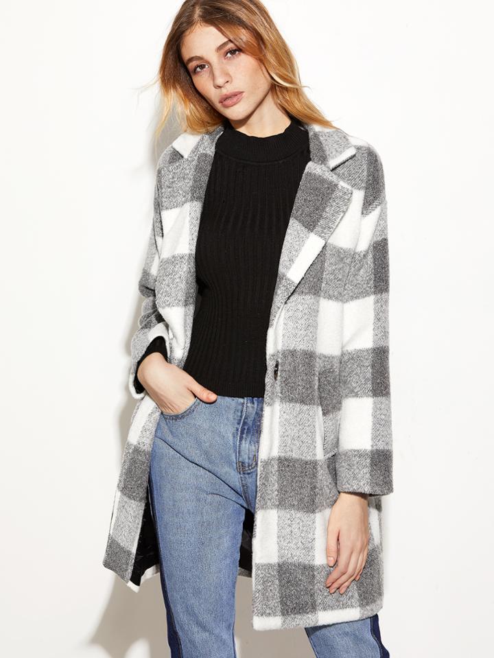 Shein Check Plaid Drop Shoulder Pockets Coat