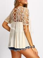 Shein Apricot Crochet Lace Yoke Lace Up Back Blouse