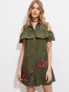 Shein 3d Rose Patch Open Shoulder Flounce Shirt Dress