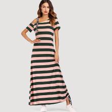 Shein Asymmetrical Shoulder Striped Tee Dress