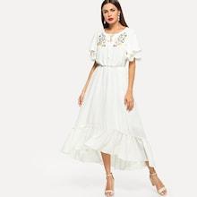 Shein Flower Embroidery Ruffle Dip Hem Dress