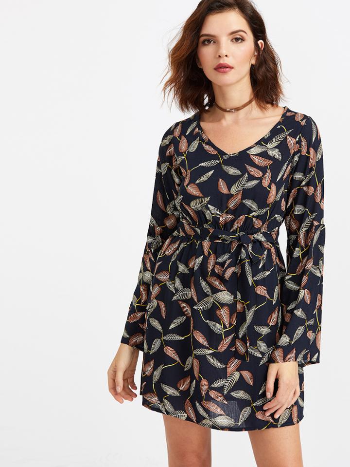 Shein Navy Leaves Print V Neck Bell Sleeve Dress