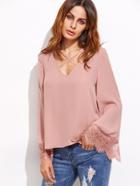 Shein Pink Crisscross V Neck Lace Trim Top