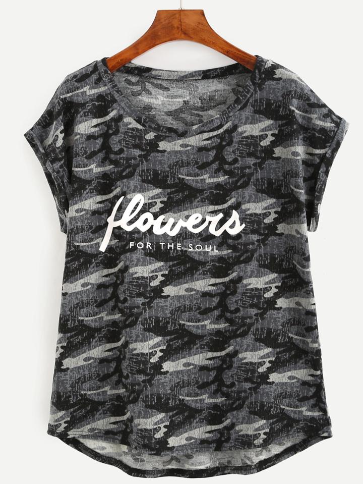 Shein Grey Camo Letter Print T-shirt