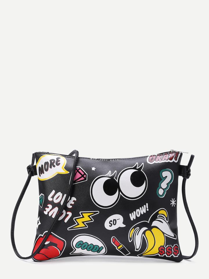 Shein Eye And Letter Print Zipper Detail Clutch Bag