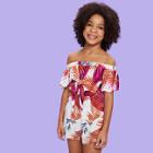 Shein Girls Foldover Front Jungle Leaf Print Bardot Jumpsuit