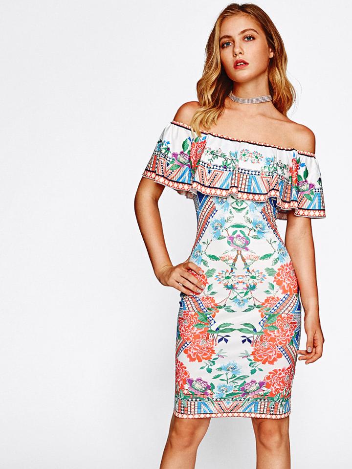 Shein Mixed Print Flounce Off Shoulder Dress