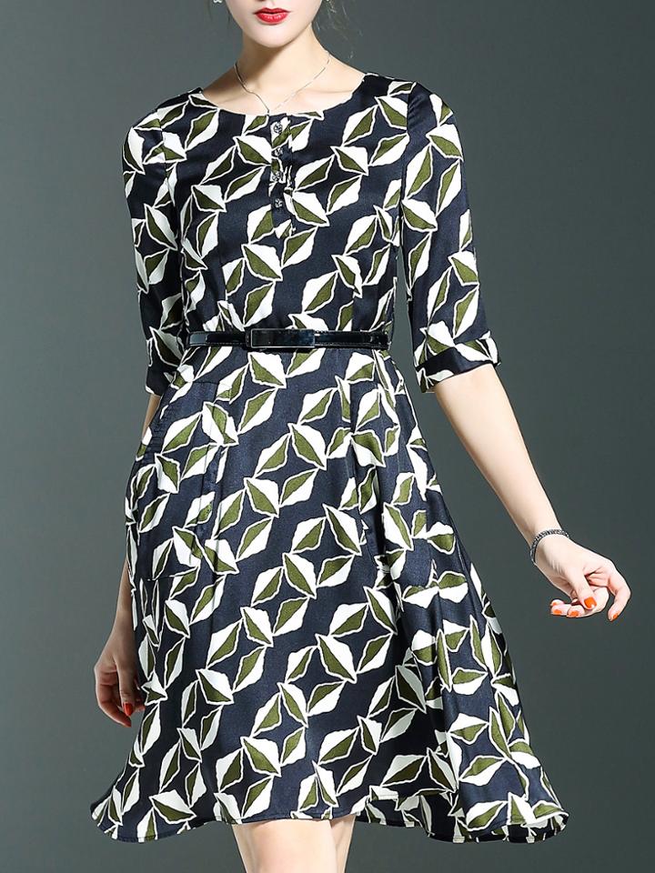 Shein Navy Print Belted A-line Dress