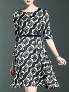 Shein Navy Print Belted A-line Dress