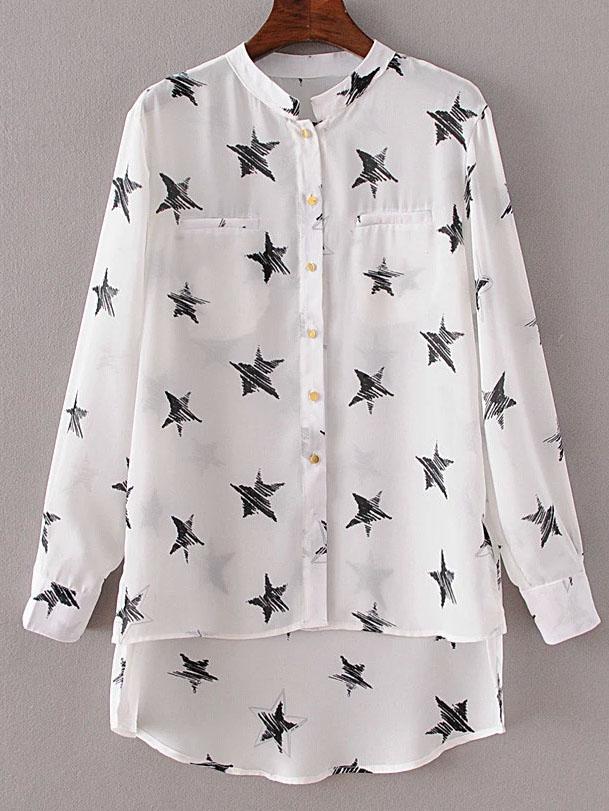 Shein White Stand Collar Stars Print Dip Hem Blouse