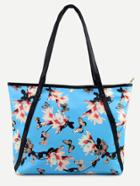 Shein Blue Flower And Butterfly Print Tote Bag