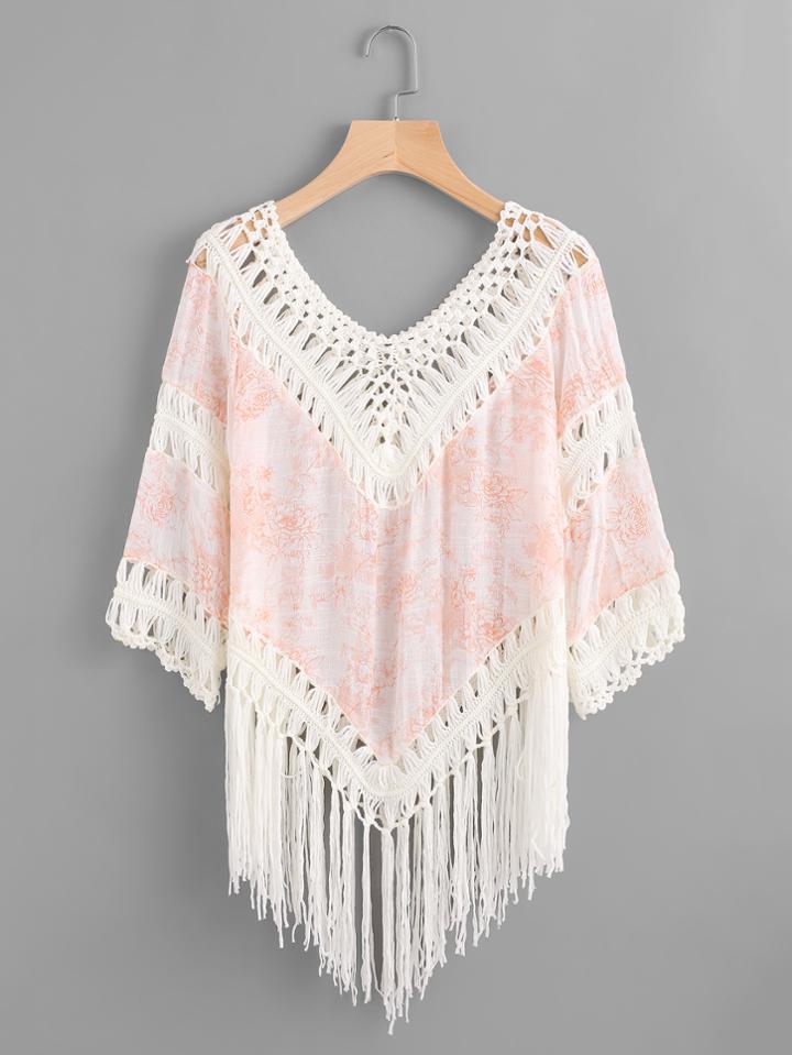 Shein Floral Print Crochet Fringe Trim Cover Up