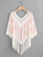 Shein Floral Print Crochet Fringe Trim Cover Up