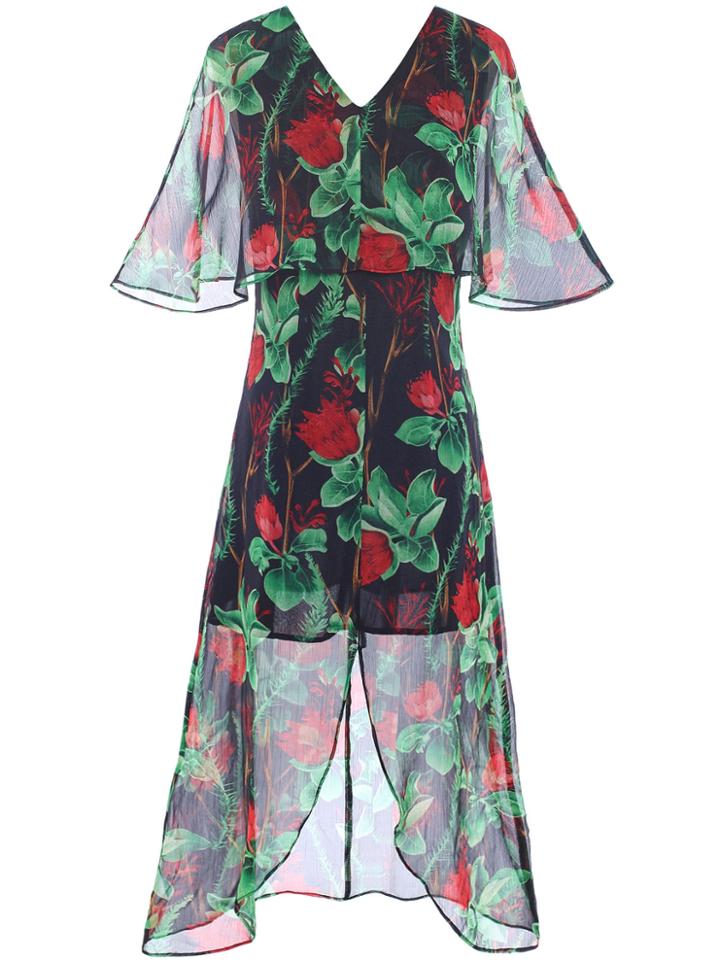 Shein V Neck Backless Rose Print Dress