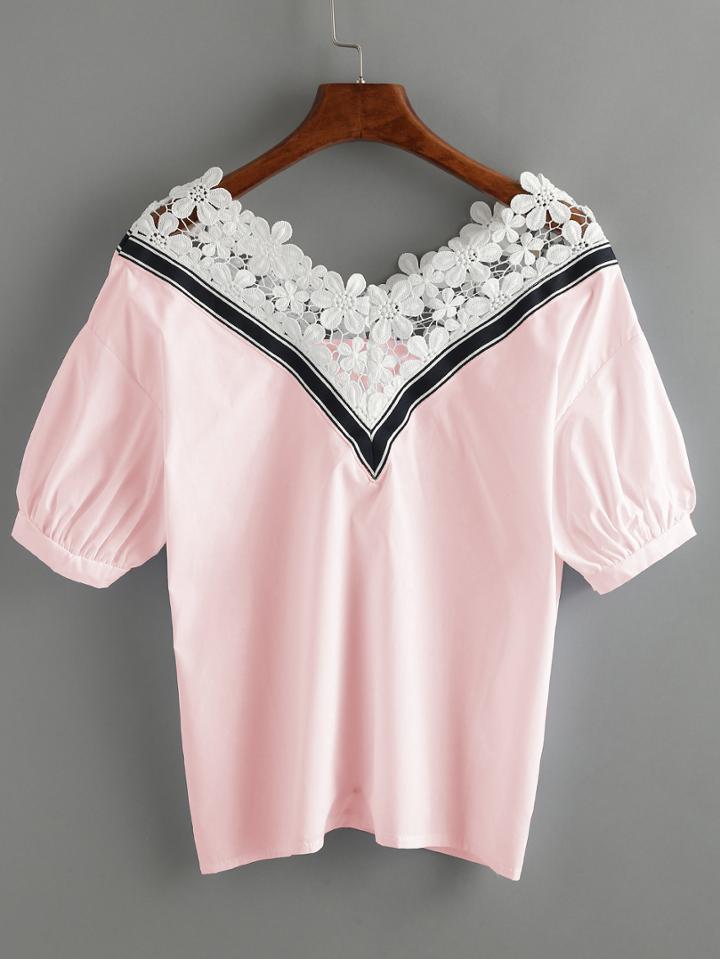 Shein Pink Flower Crochet Trimmed Double V Neck Blouse