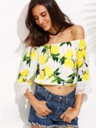 Shein White Lemon Print Lace Trim Off The Shoulder Top