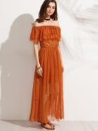 Shein Brown Ruffle Off The Shoulder Long Dress