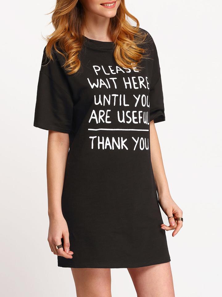Shein Black Crew Neck Letters Print Tee Dress