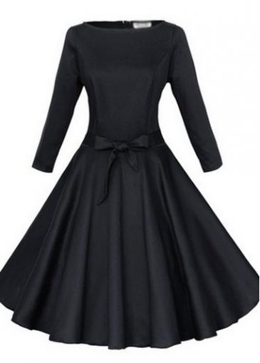 Rosewe Zipper Closure Bowknot Decorated Black Skater Dress