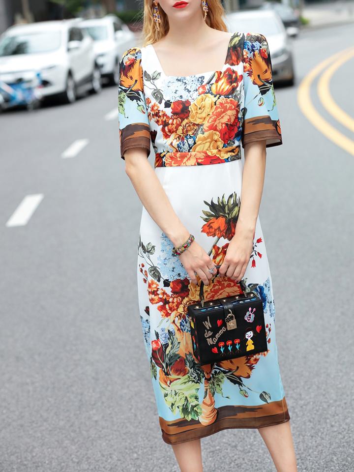 Shein Multicolor Boat Neck Flowers Print Dress
