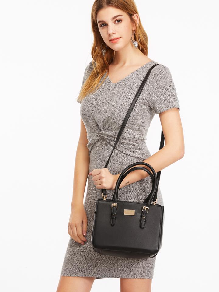 Shein Black Pu Buckle Strap Boxy Tote Bag With Strap