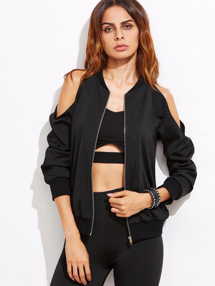 Shein Cold Shoulder Zip Up Bomber Jacket