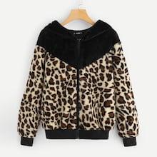 Shein Zip Up Color Block Leopard Faux Fur Coat