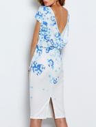 Shein White Workplace Cap Sleeve V Back Flowery Floral Print Fishtail Dress