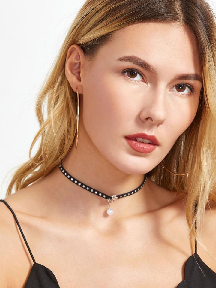 Shein Black Studded Pearl Charm Choker Necklace