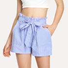 Shein Pocket Patched Frill Belted Waist Pinstripe Shorts