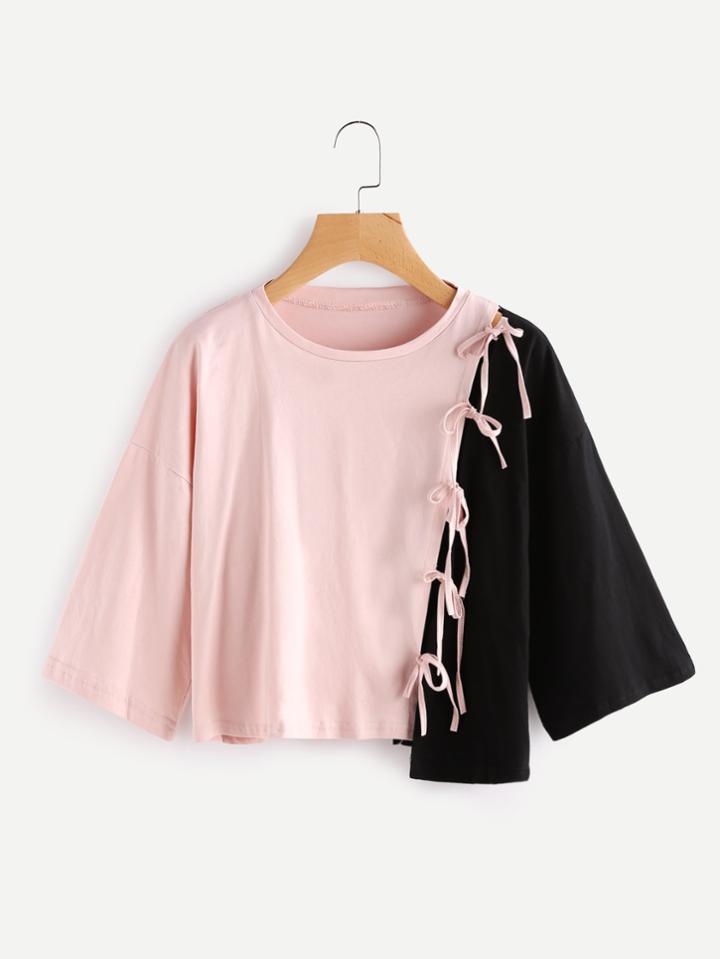 Shein Asymmetric Contrast Tee With Tie Detail