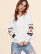 Shein Cartoon Portrait Print Zip Slit Raglan Sleeve Open Elbow Sweatshirt