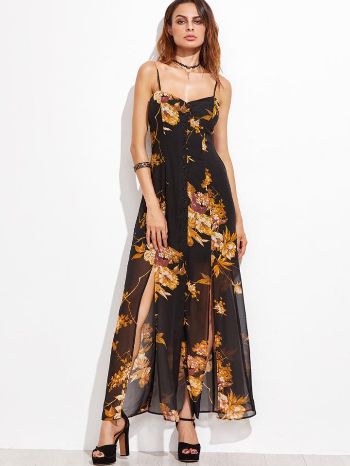 Shein Black Floral Spaghetti Strap Dress With Buttons