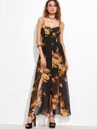 Shein Black Floral Spaghetti Strap Dress With Buttons