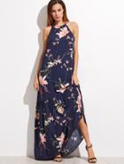 Shein Navy Floral Print Halter Ruffle Maxi Dress
