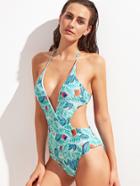 Shein Green Leaf Print Halter Cutout Monokini