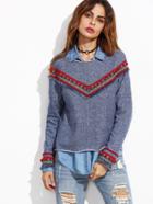 Shein Blue Denim Look Sweatshirt With Embroidered Tape Detail