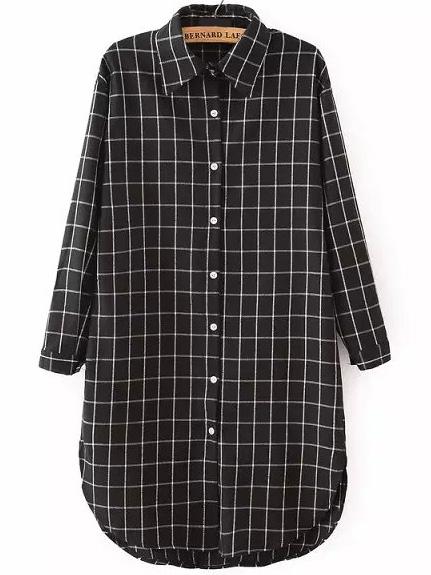 Shein Black Lapel Long Sleeve Plaid Shirt Dress