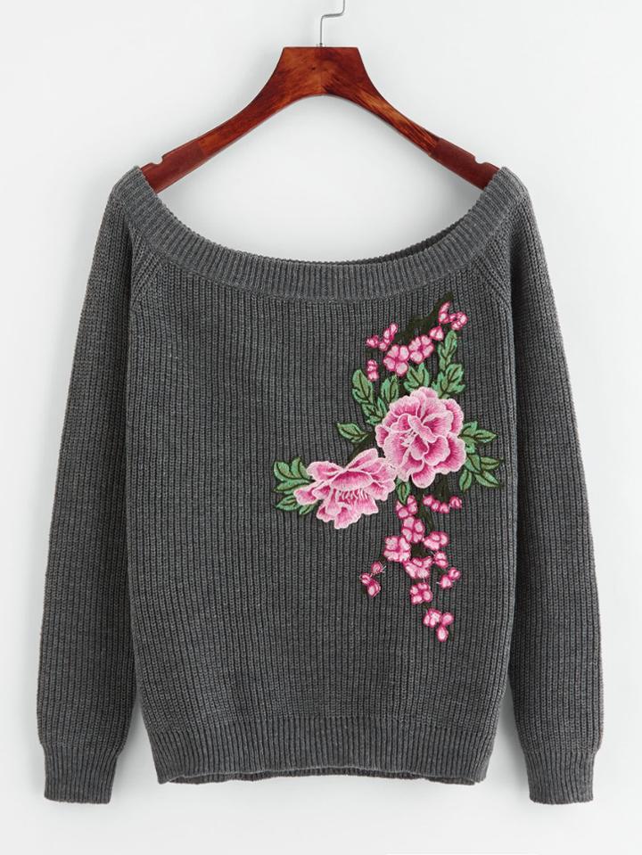 Shein Embroidered Flower Patch Raglan Sleeve Jumper