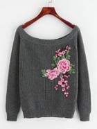 Shein Embroidered Flower Patch Raglan Sleeve Jumper