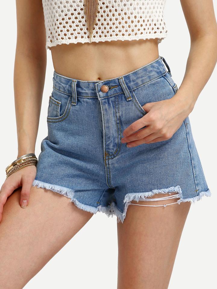 Shein Blue High Waist Frayed Denim Short