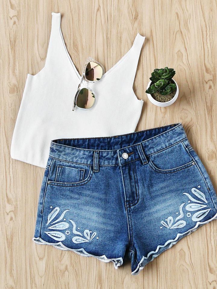 Shein Bleach Wash Eyelet Embroidered Denim Shorts
