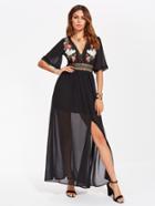 Shein Eyelet Lace Panel Flower Embroidered Plunge Dress