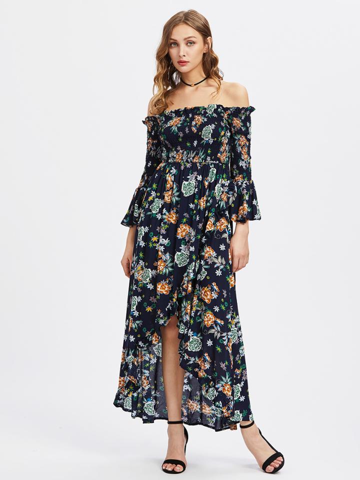 Shein Smocked Bodice Trumpet Sleeve Overlap Bardot Dress