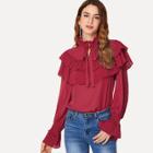 Shein Pleated Ruffle Tiered Tied Neck Solid Blouse
