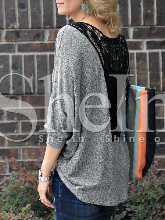 Shein Grey Contrast Crochet Back High Low T-shirt