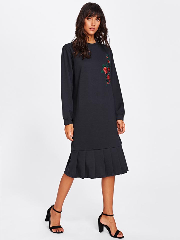 Shein Flower Embroidered Pleated Hem Sweatshirt Dress